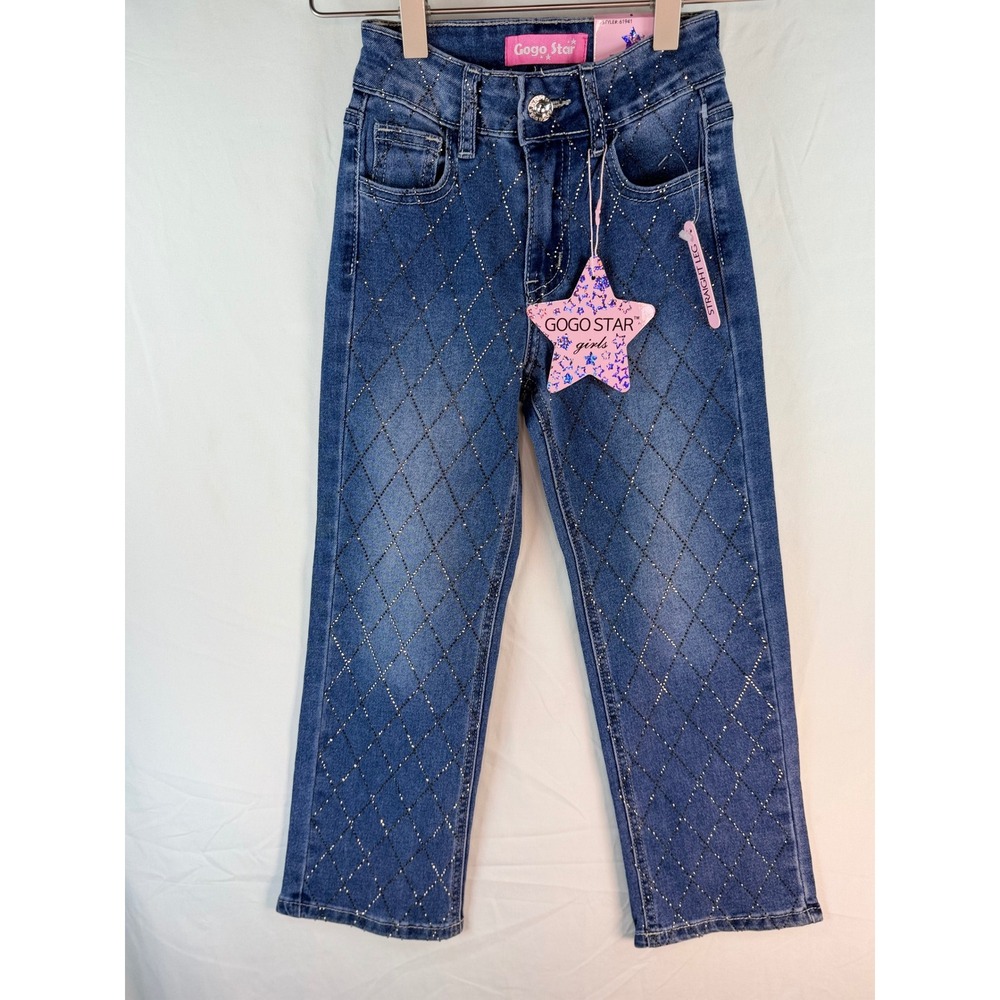 Gogo Star Girls Straight Leg Rhinestone‎ Diamond Pattern Jeans Blue Denim Size 6